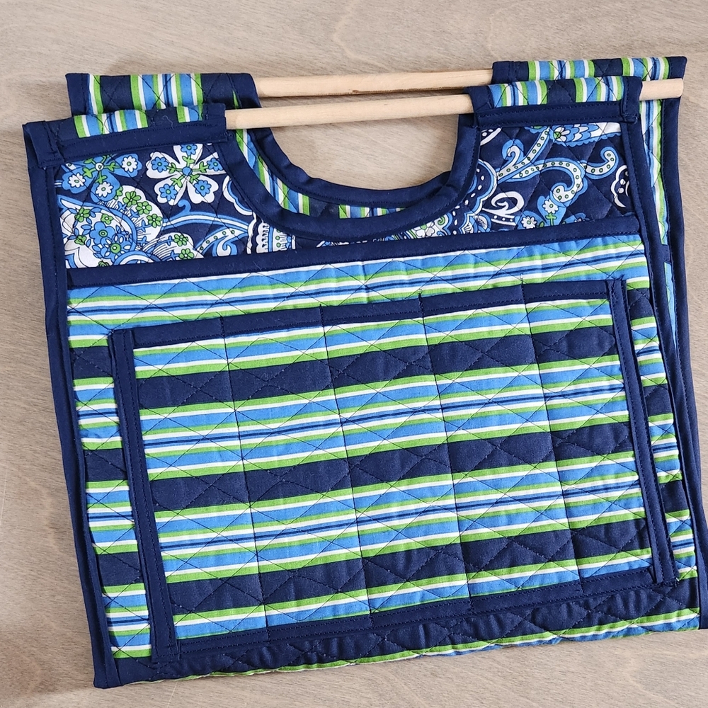 Handmade Casserole Carrier Blue Floral Striped Pattern. 100% Cotton Wood Dowel.